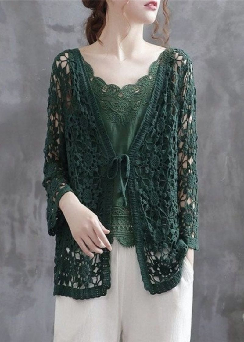 Casual Blackish Green Hollow Out Patchwork Strikning Bomuld Cardigan Fall