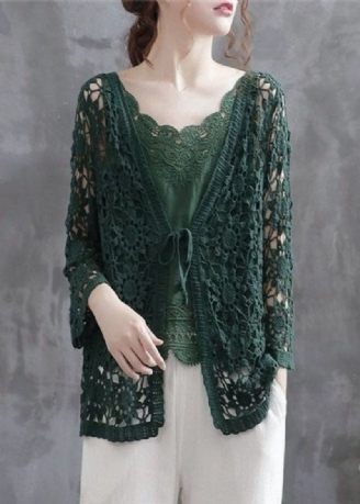 Casual Blackish Green Hollow Out Patchwork Strikning Bomuld Cardigan Fall