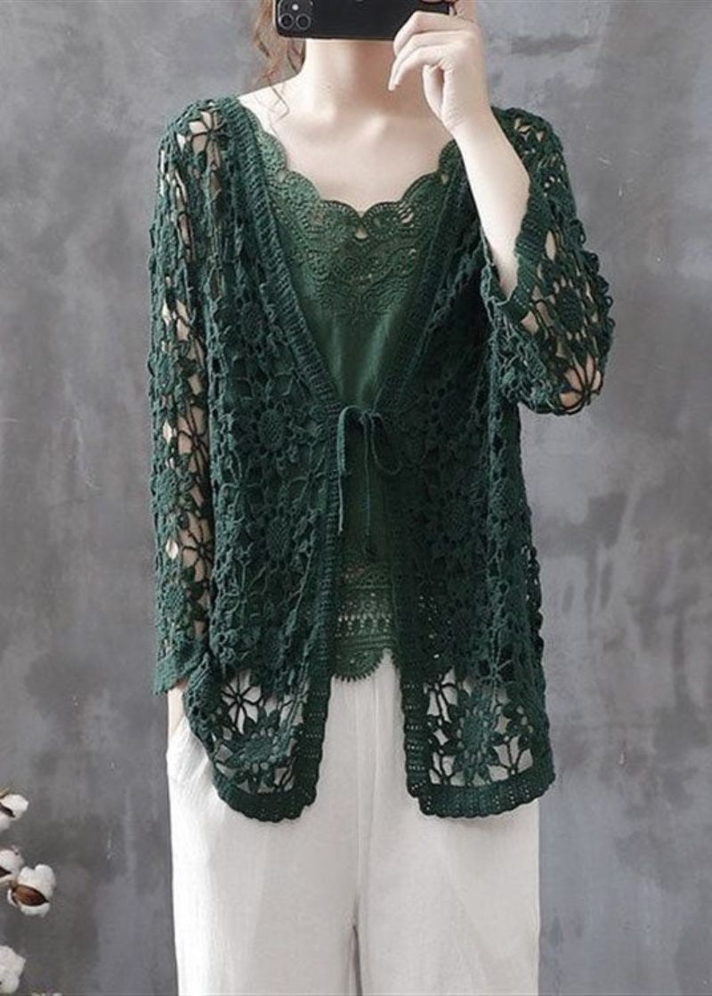 Casual Blackish Green Hollow Out Patchwork Strikning Bomuld Cardigan Fall - Dame cardigans