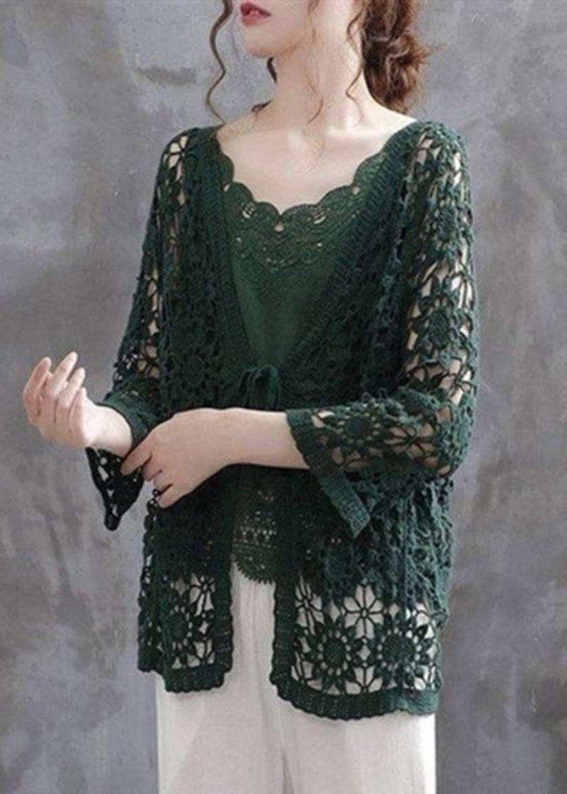 Casual Blackish Green Hollow Out Patchwork Strikning Bomuld Cardigan Fall - Dame cardigans