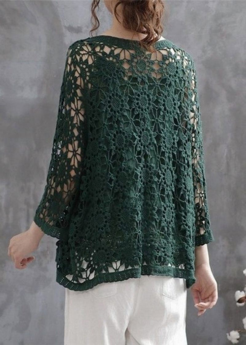 Casual Blackish Green Hollow Out Patchwork Strikning Bomuld Cardigan Fall - Dame cardigans