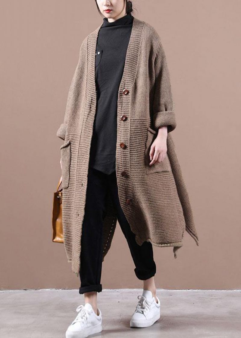 Casual Chokolade V-halslommer Fall Long Sweater Coat