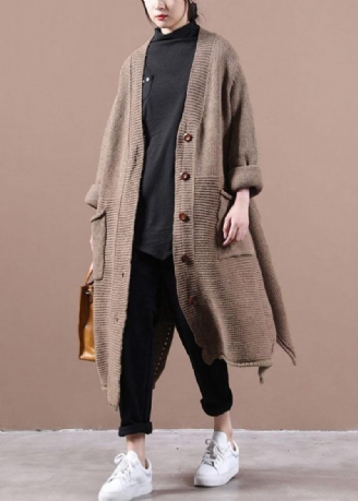 Casual Chokolade V-halslommer Fall Long Sweater Coat