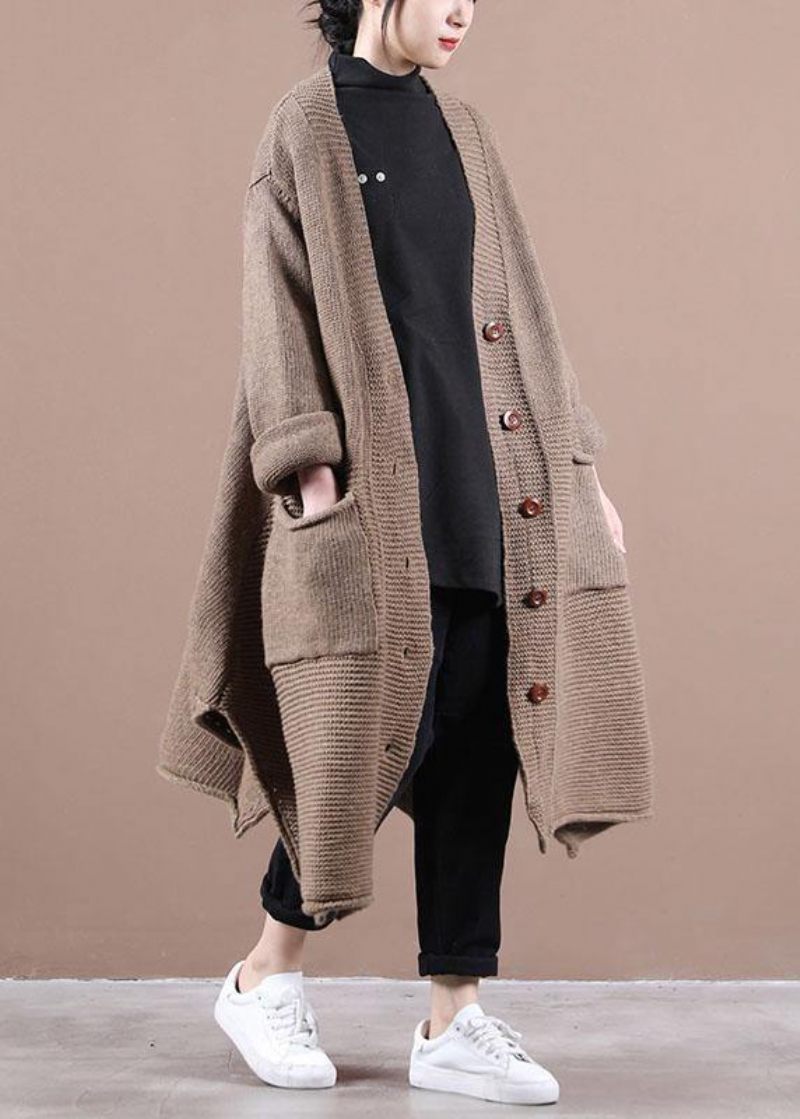 Casual Chokolade V-halslommer Fall Long Sweater Coat - Dame cardigans