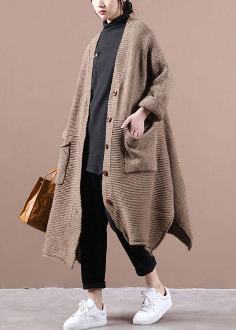 Casual Chokolade V-halslommer Fall Long Sweater Coat - Dame cardigans