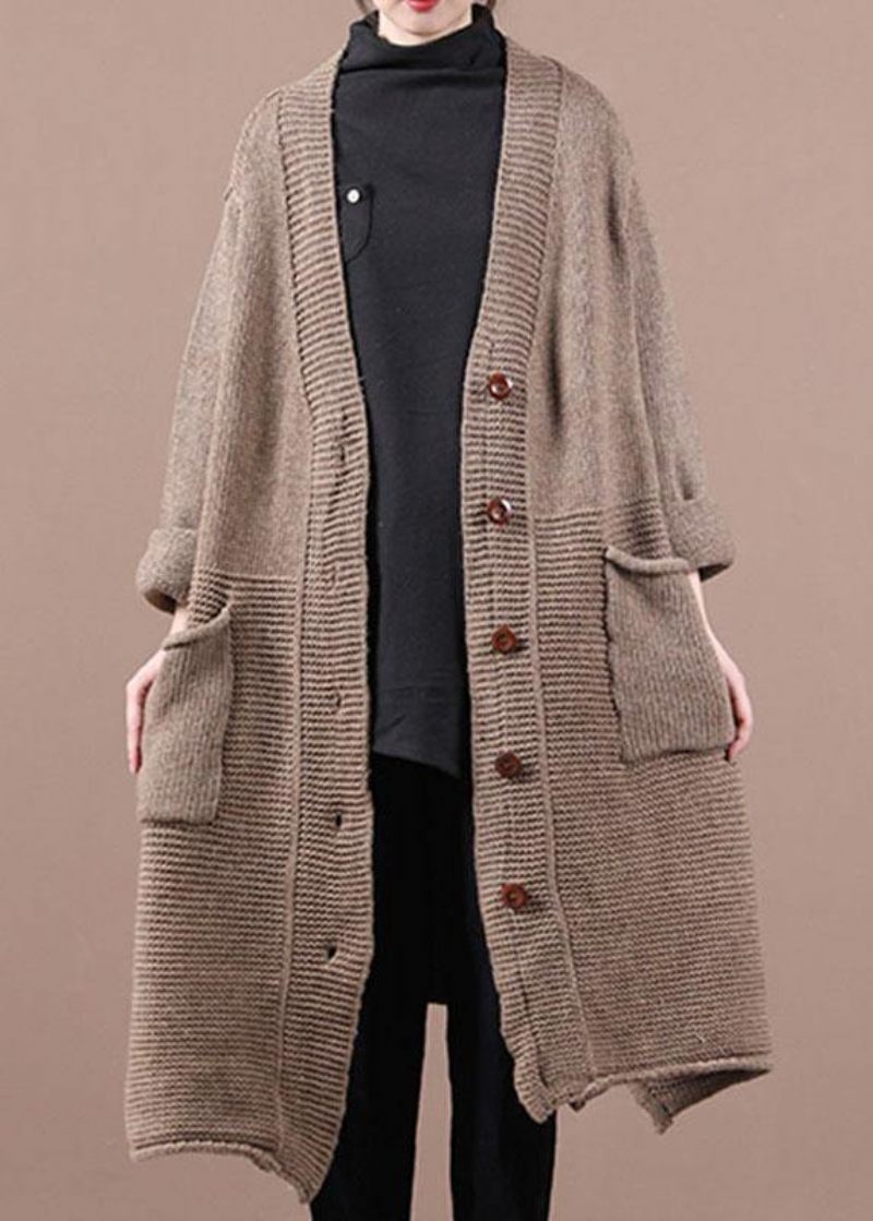 Casual Chokolade V-halslommer Fall Long Sweater Coat - Dame cardigans