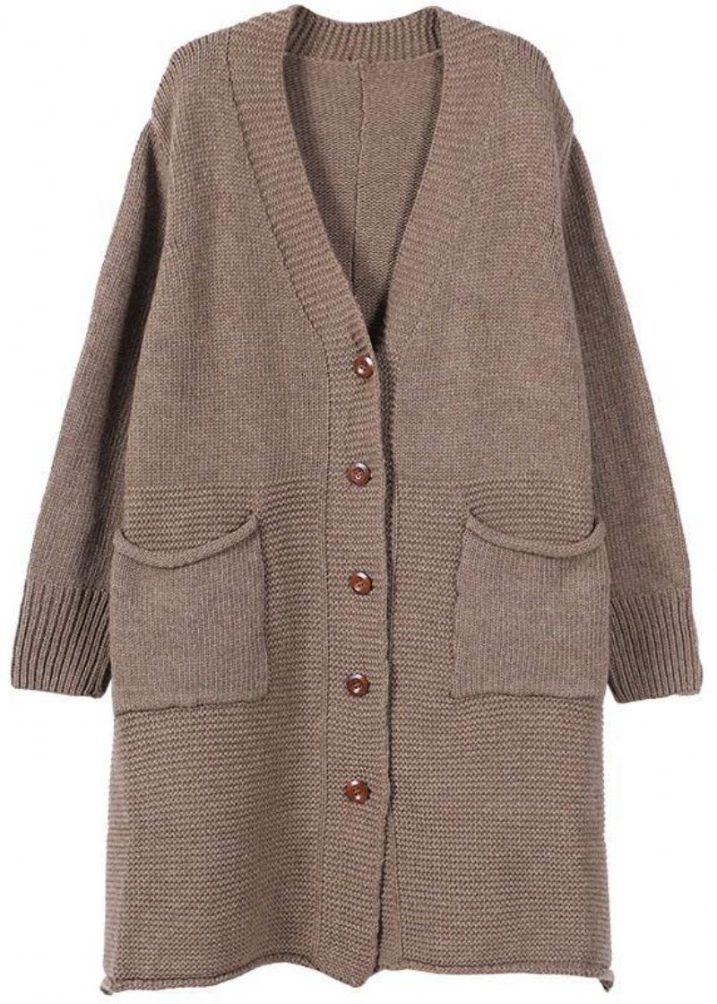 Casual Chokolade V-halslommer Fall Long Sweater Coat - Dame cardigans