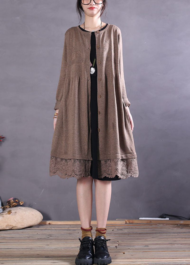 Casual Khaki Button Hollow Out Patchwork Strik Cardigan Spring