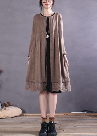 Casual Khaki Button Hollow Out Patchwork Strik Cardigan Spring