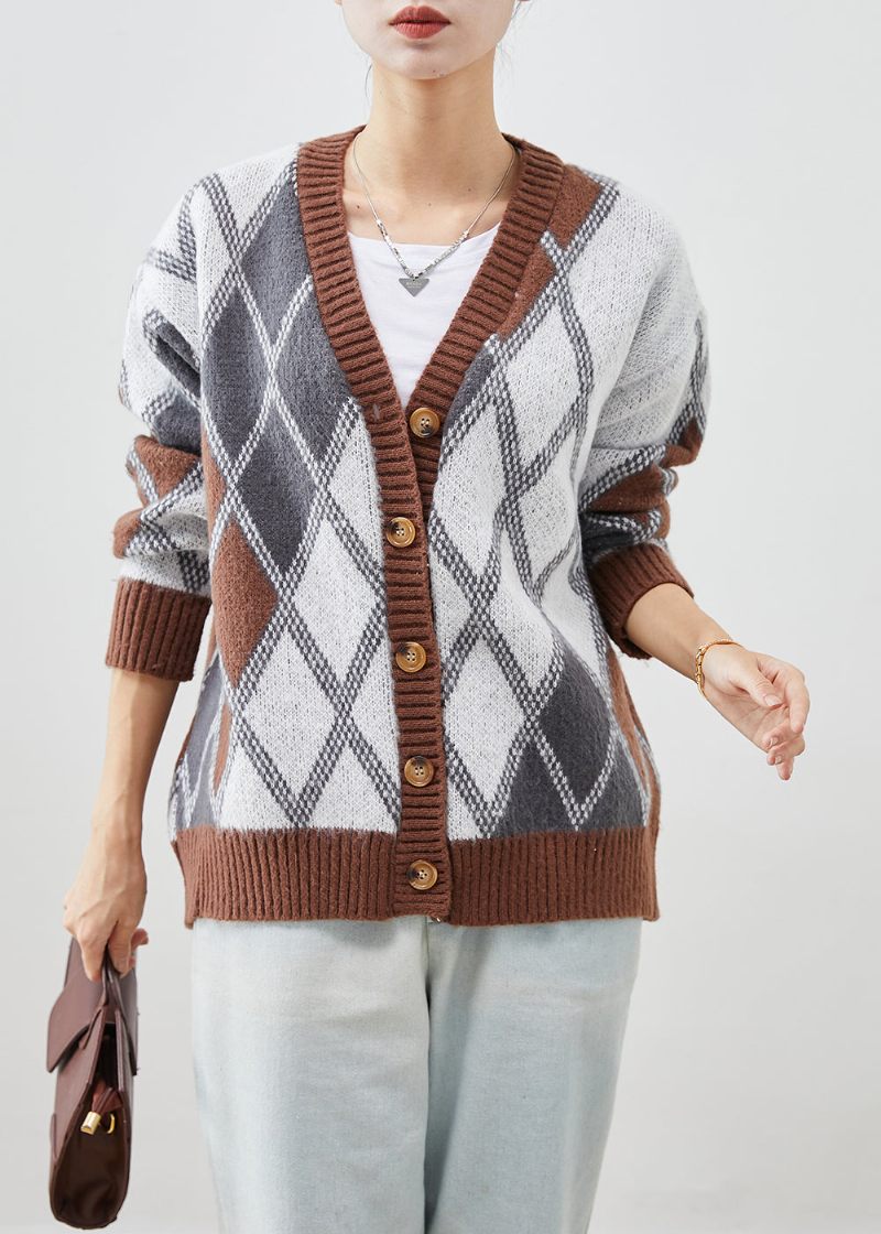 Casual Khaki Oversized Plaid Strik Jakke Efterår - Dame cardigans