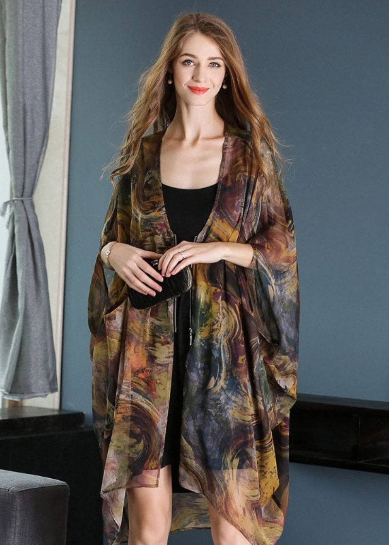 Casual Khaki Oversized Print Chiffon Upf 50+ Frakke Jakke Batwing Sleeve