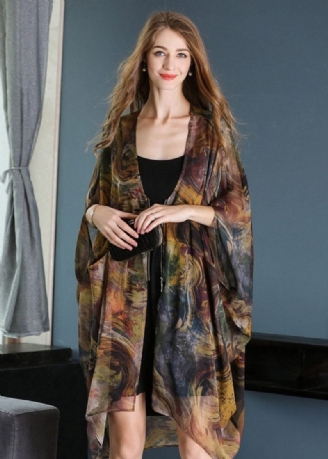 Casual Khaki Oversized Print Chiffon Upf 50+ Frakke Jakke Batwing Sleeve