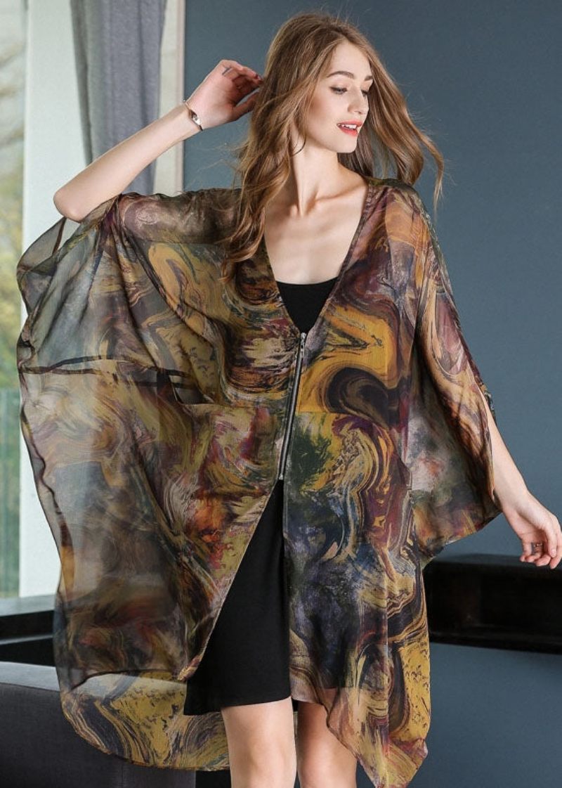 Casual Khaki Oversized Print Chiffon Upf 50+ Frakke Jakke Batwing Sleeve - Dame cardigans