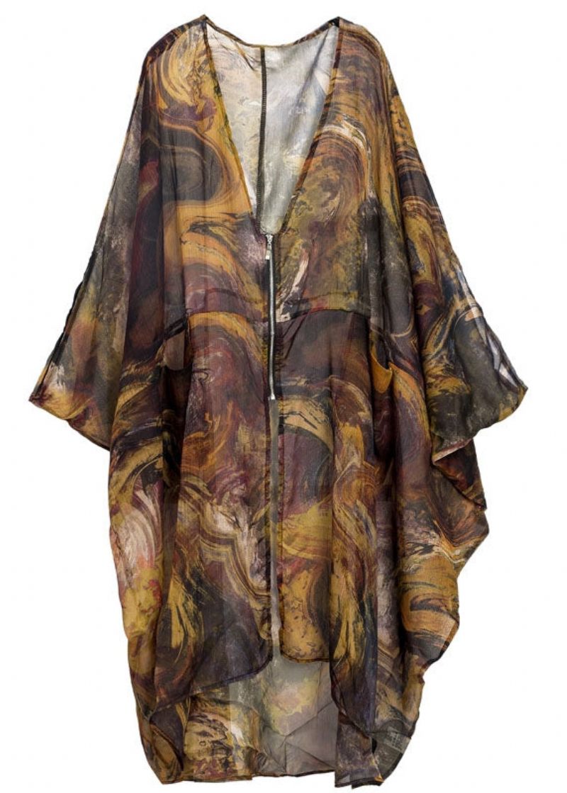 Casual Khaki Oversized Print Chiffon Upf 50+ Frakke Jakke Batwing Sleeve - Dame cardigans