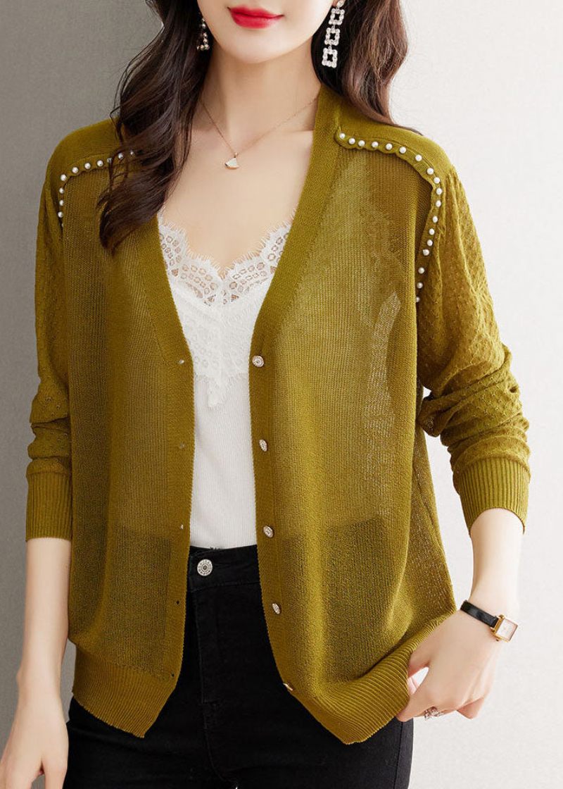 Casual Matcha Farve V-hals Negle Perle Knap Ice Størrelse Strik Cardigan Sommer