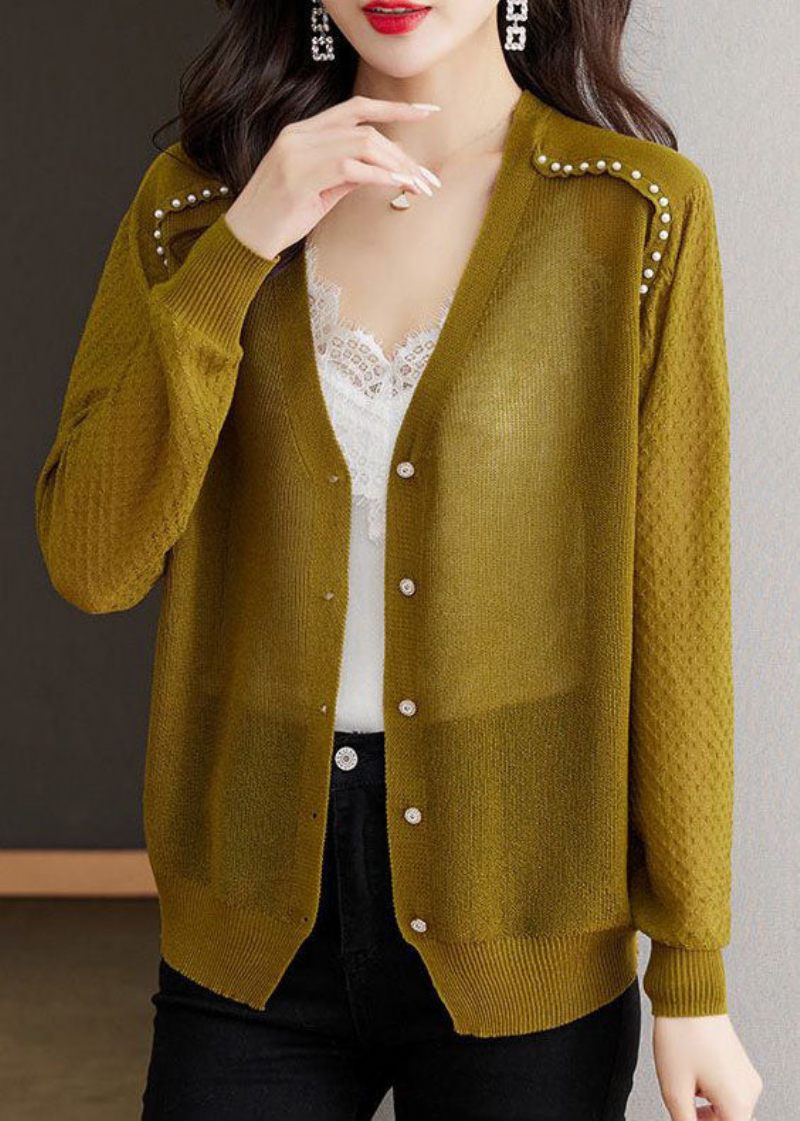 Casual Matcha Farve V-hals Negle Perle Knap Ice Størrelse Strik Cardigan Sommer - Dame cardigans