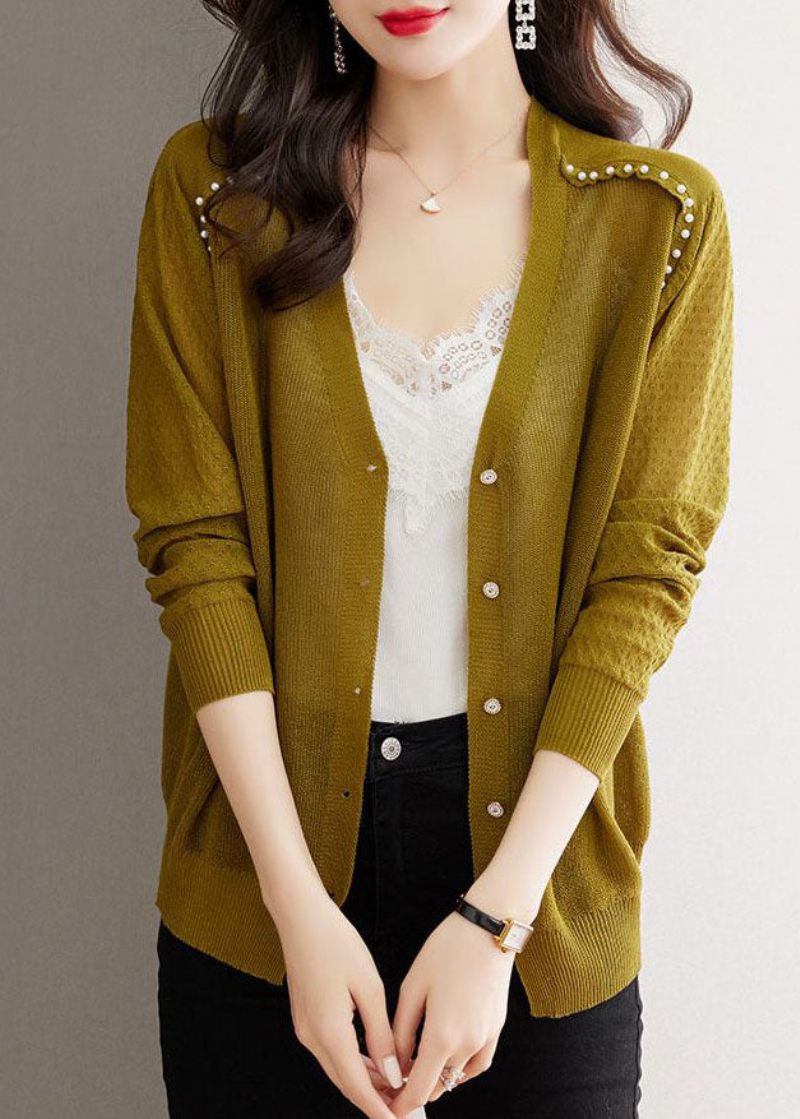 Casual Matcha Farve V-hals Negle Perle Knap Ice Størrelse Strik Cardigan Sommer - Dame cardigans