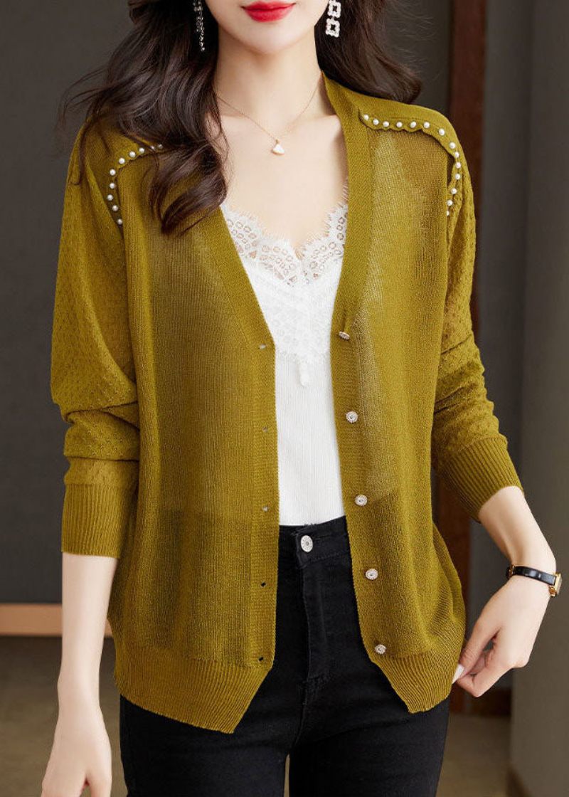 Casual Matcha Farve V-hals Negle Perle Knap Ice Størrelse Strik Cardigan Sommer - Dame cardigans