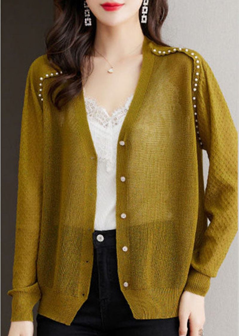 Casual Matcha Farve V-hals Negle Perle Knap Ice Størrelse Strik Cardigan Sommer - Dame cardigans