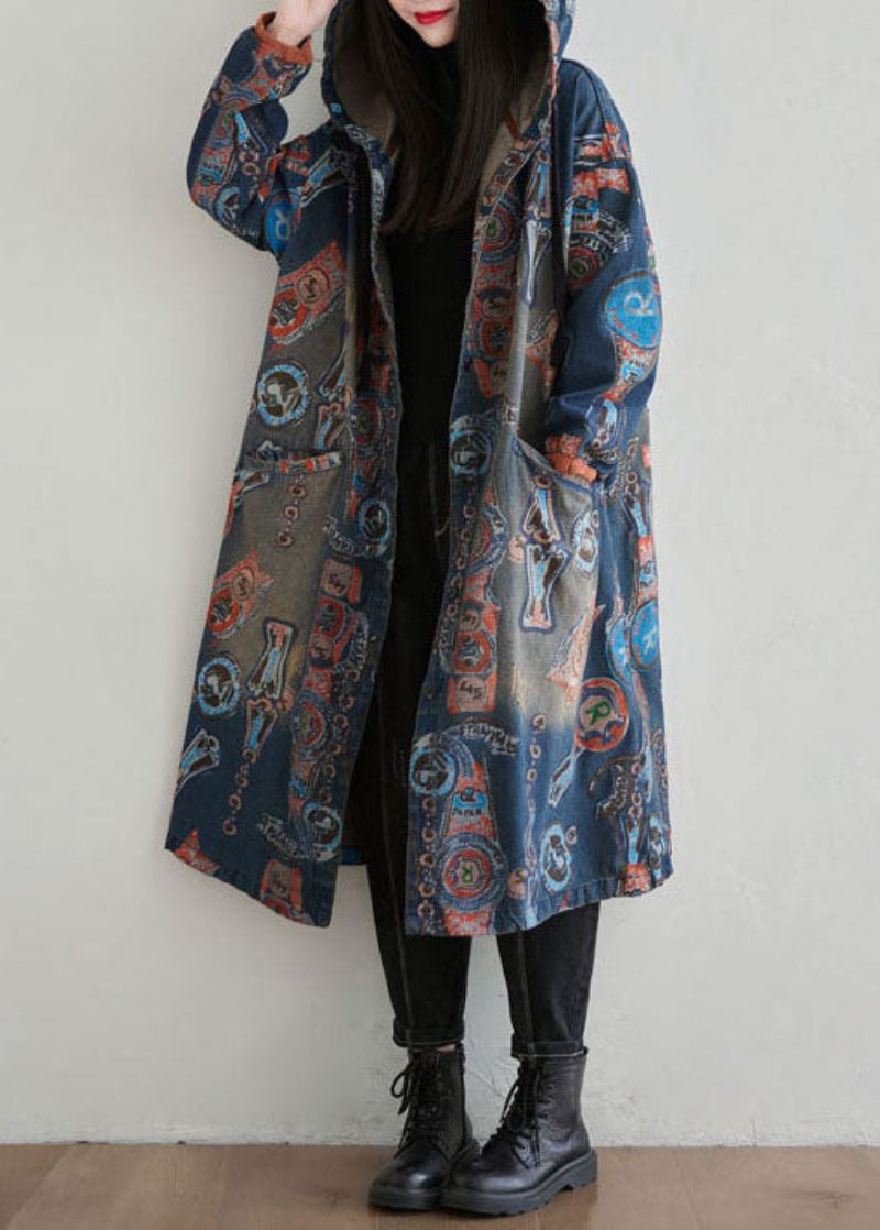 Casual Navy Hætte Patchwork Print Denim Cardigan Spring