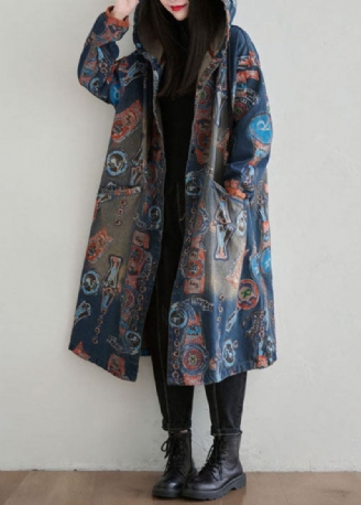 Casual Navy Hætte Patchwork Print Denim Cardigan Spring