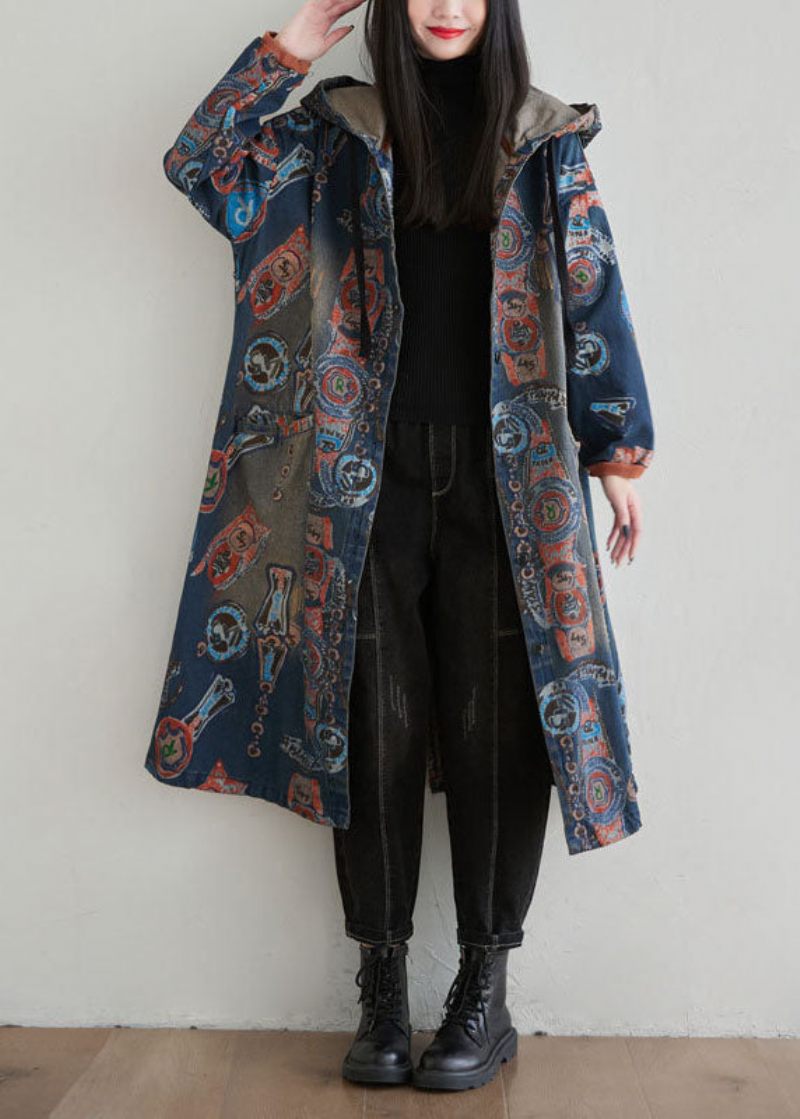 Casual Navy Hætte Patchwork Print Denim Cardigan Spring - Dame cardigans