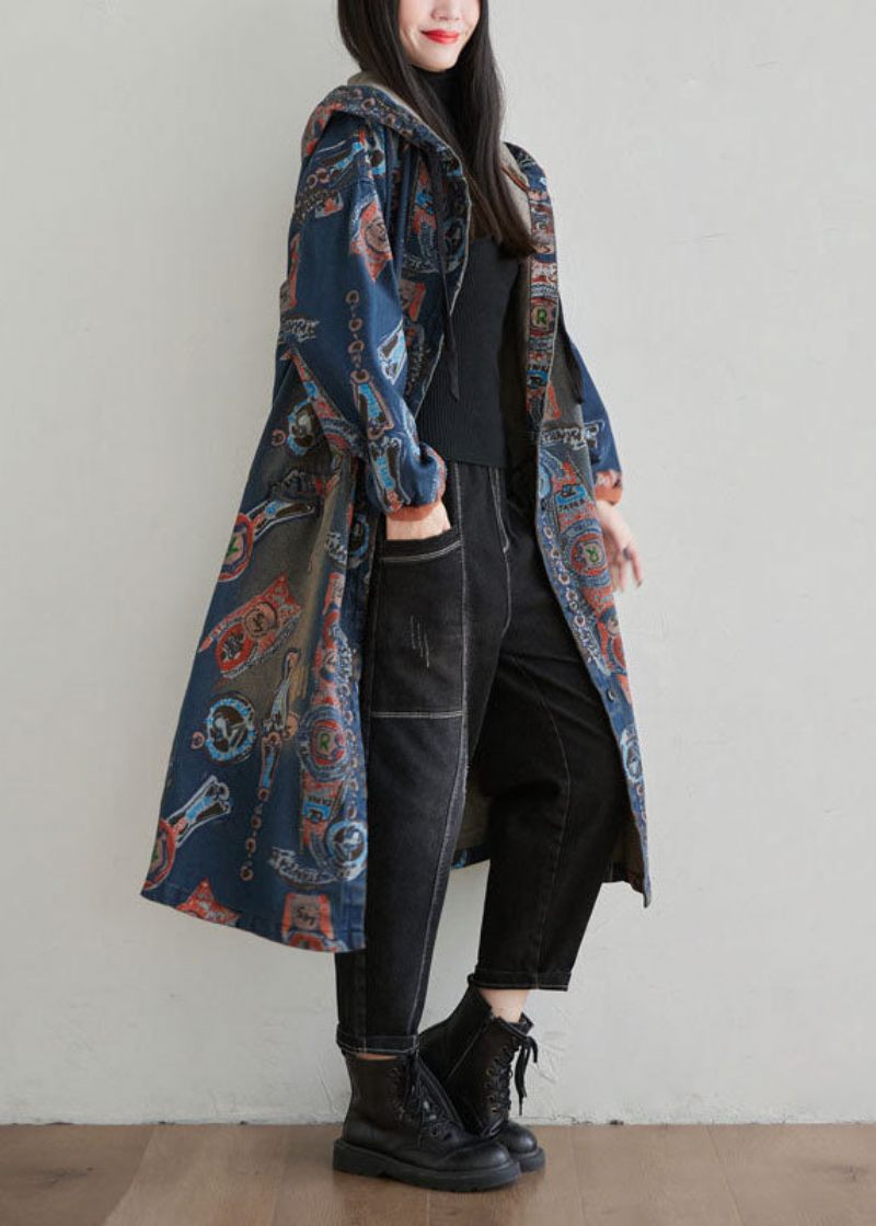 Casual Navy Hætte Patchwork Print Denim Cardigan Spring - Dame cardigans