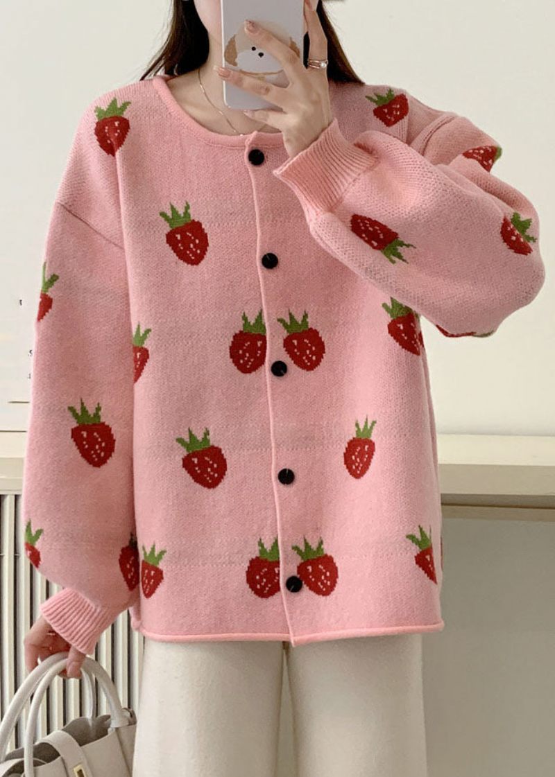 Casual Pink Strawberry Floral Bomuld Strik Trøjer Frakker Efterår