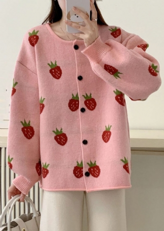 Casual Pink Strawberry Floral Bomuld Strik Trøjer Frakker Efterår