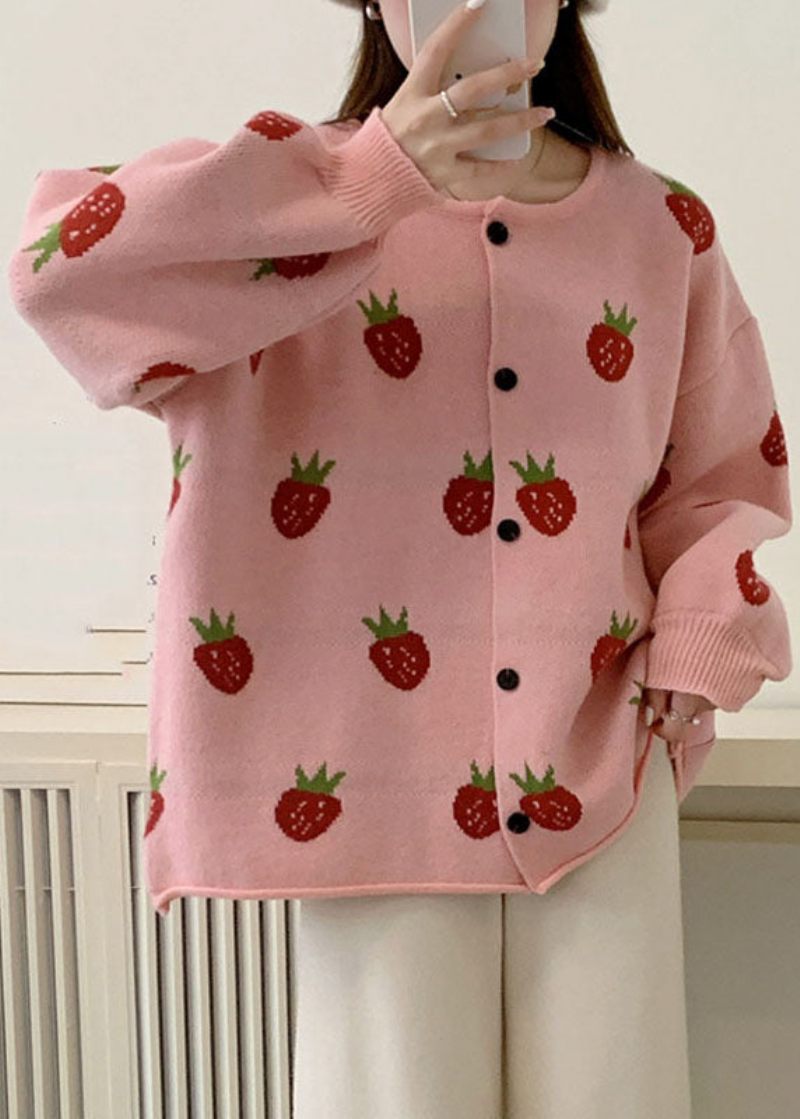 Casual Pink Strawberry Floral Bomuld Strik Trøjer Frakker Efterår - Pink