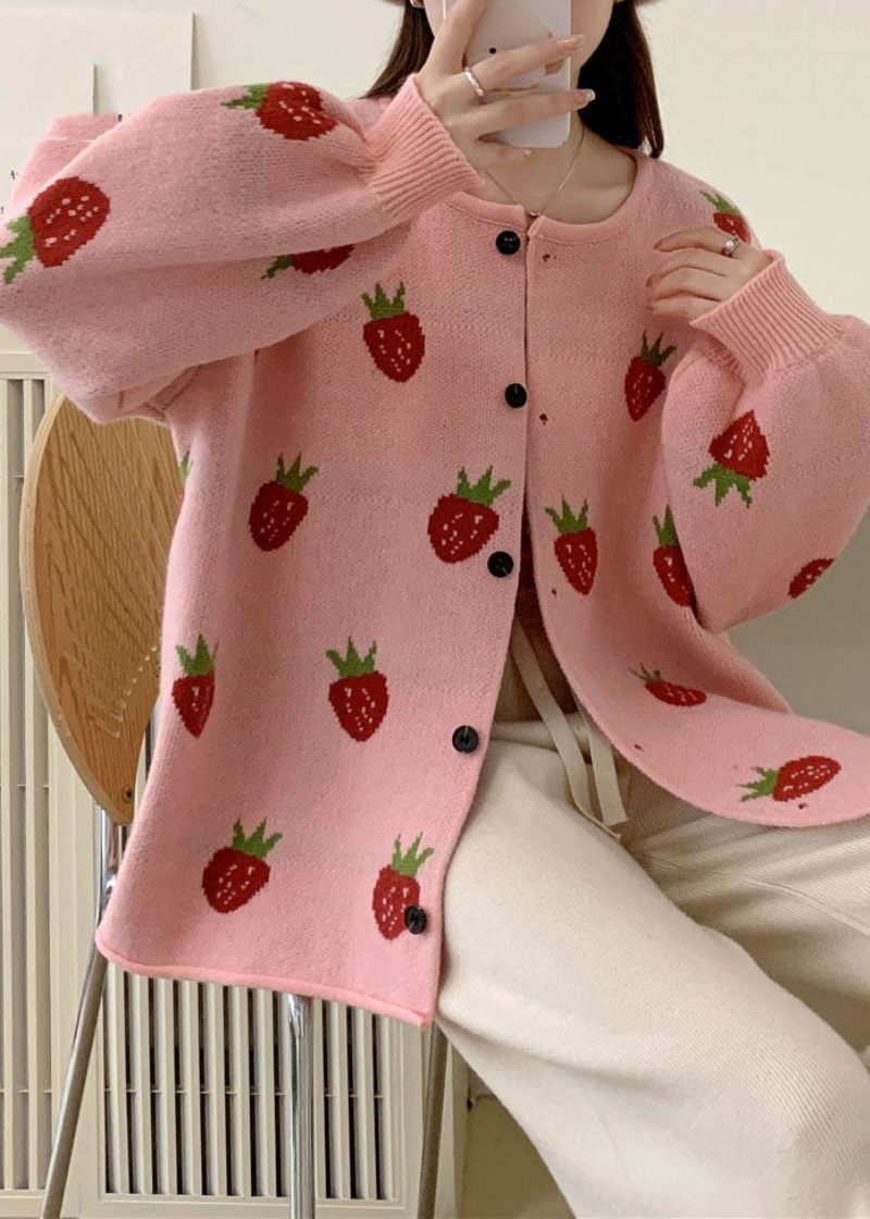 Casual Pink Strawberry Floral Bomuld Strik Trøjer Frakker Efterår - Pink