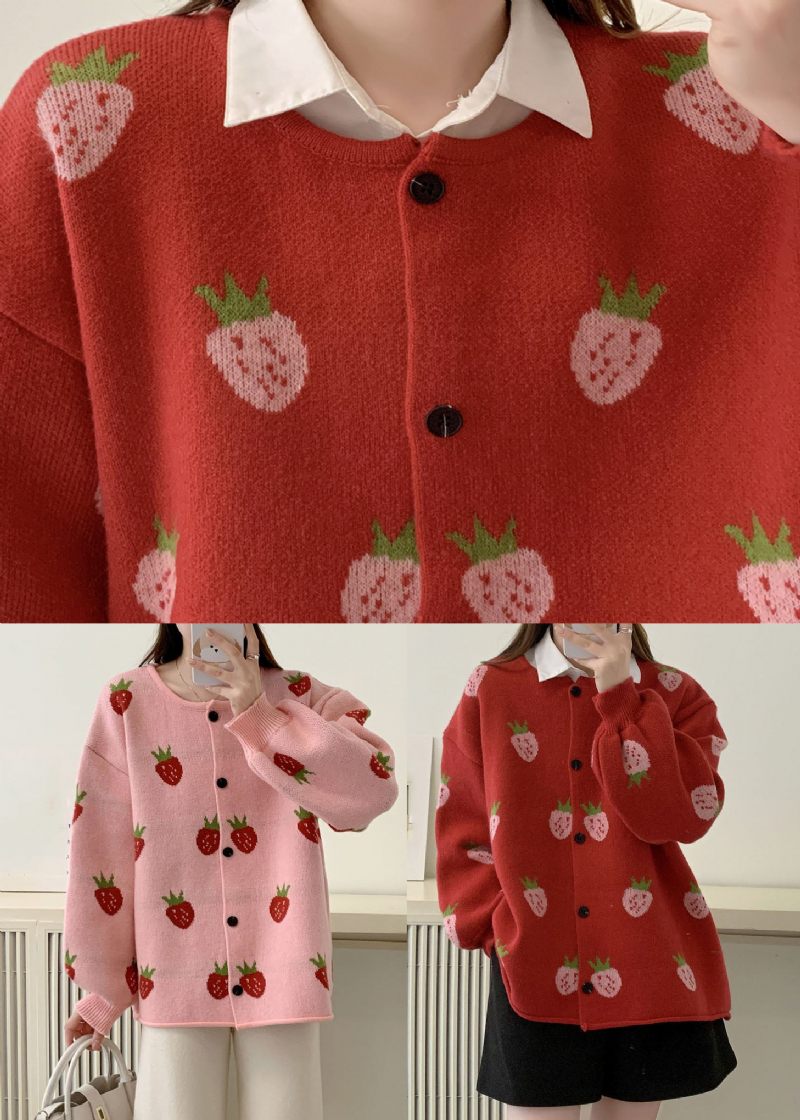 Casual Pink Strawberry Floral Bomuld Strik Trøjer Frakker Efterår - Pink