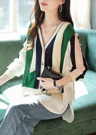 Chic Colorblock V-hals Patchwork Stribet Strik Cardigans Forår