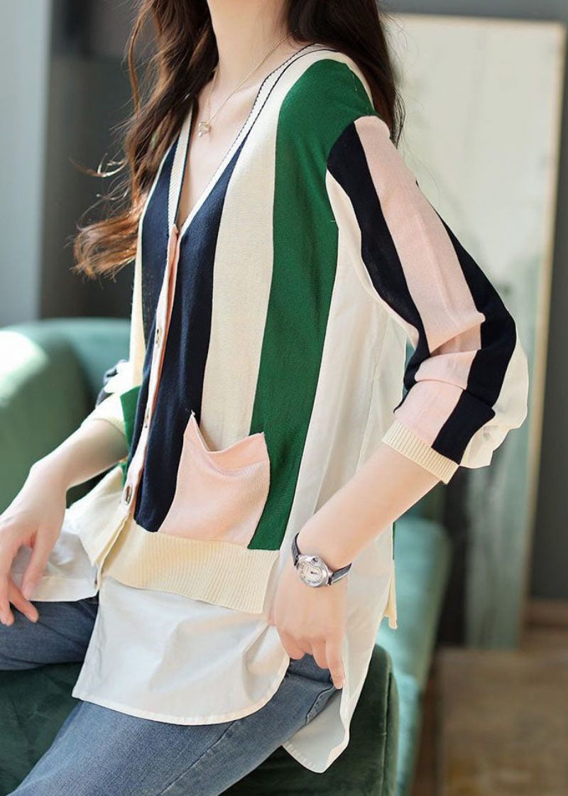 Chic Colorblock V-hals Patchwork Stribet Strik Cardigans Forår - Dame cardigans