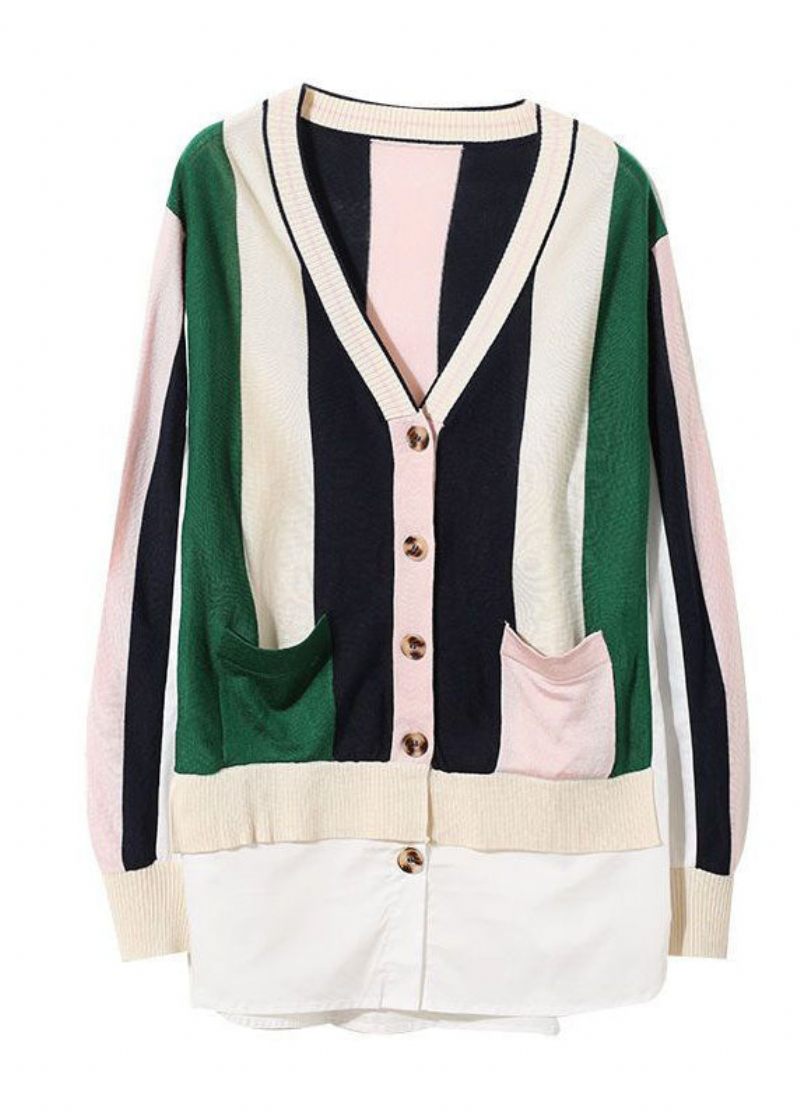 Chic Colorblock V-hals Patchwork Stribet Strik Cardigans Forår - Dame cardigans