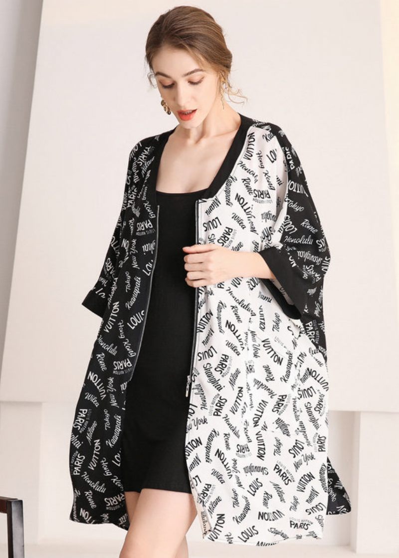 Chic Colorblock Zip Up Oversized Letter Print Chiffon Cardigans Sommer