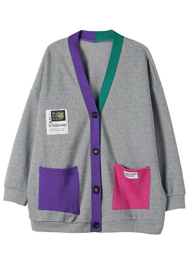 Chic Grå V-hals Patchwork Bomuld Cardigans Frakker Forår - Dame cardigans