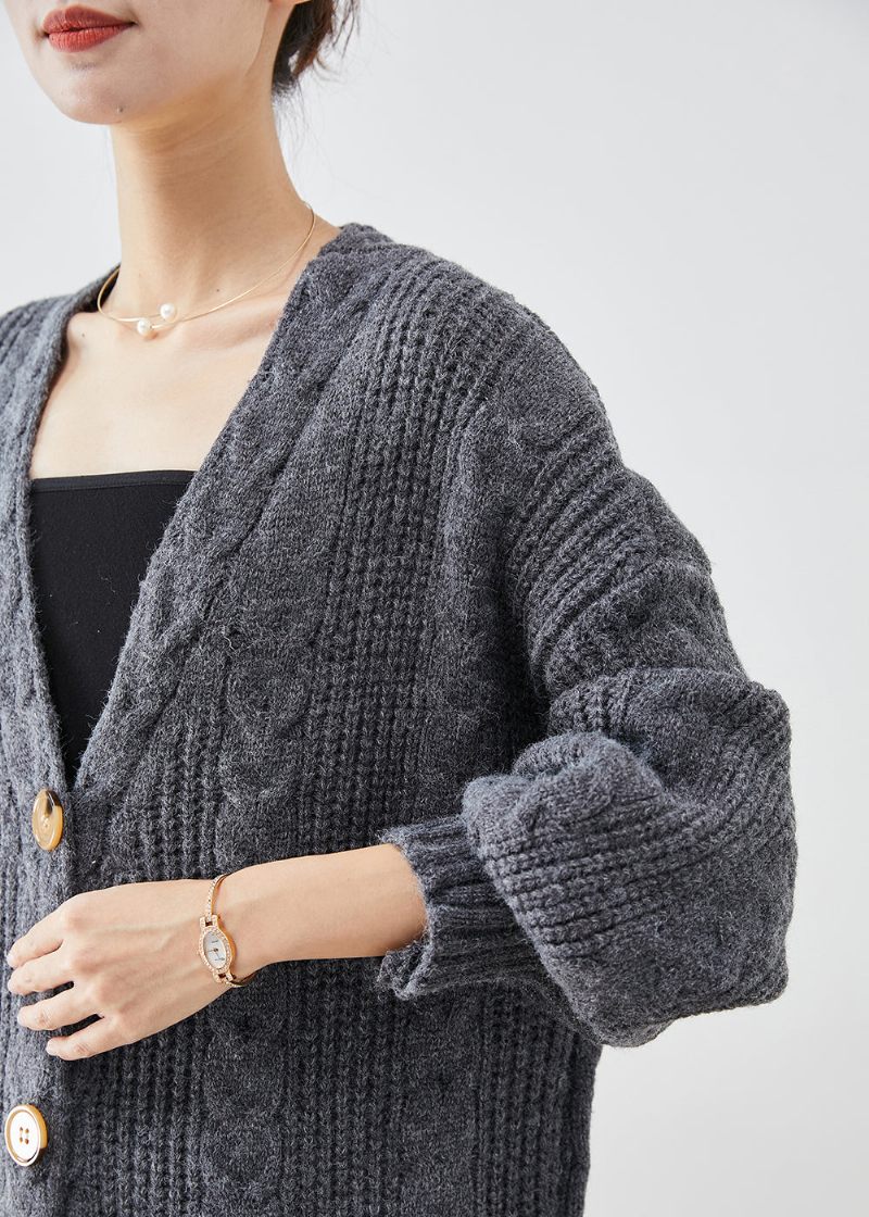 Chic Kedelig Grå V-hals Knap Tyk Kabel Strikket Lange Cardigans Efterår - Dame cardigans