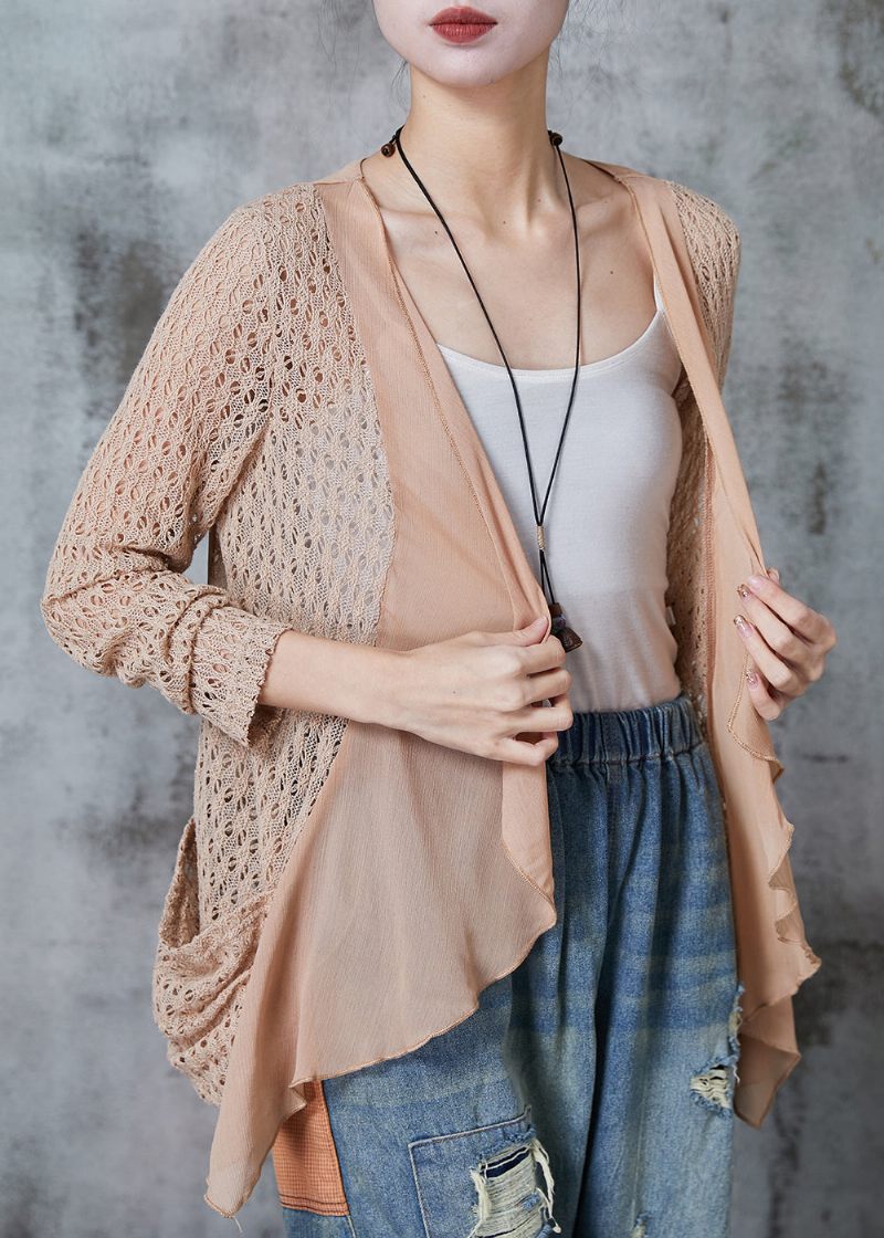 Chic Khaki Hollow Out Patchwork Strik Cardigan Sommer