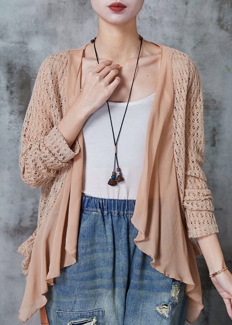 Chic Khaki Hollow Out Patchwork Strik Cardigan Sommer - Dame cardigans