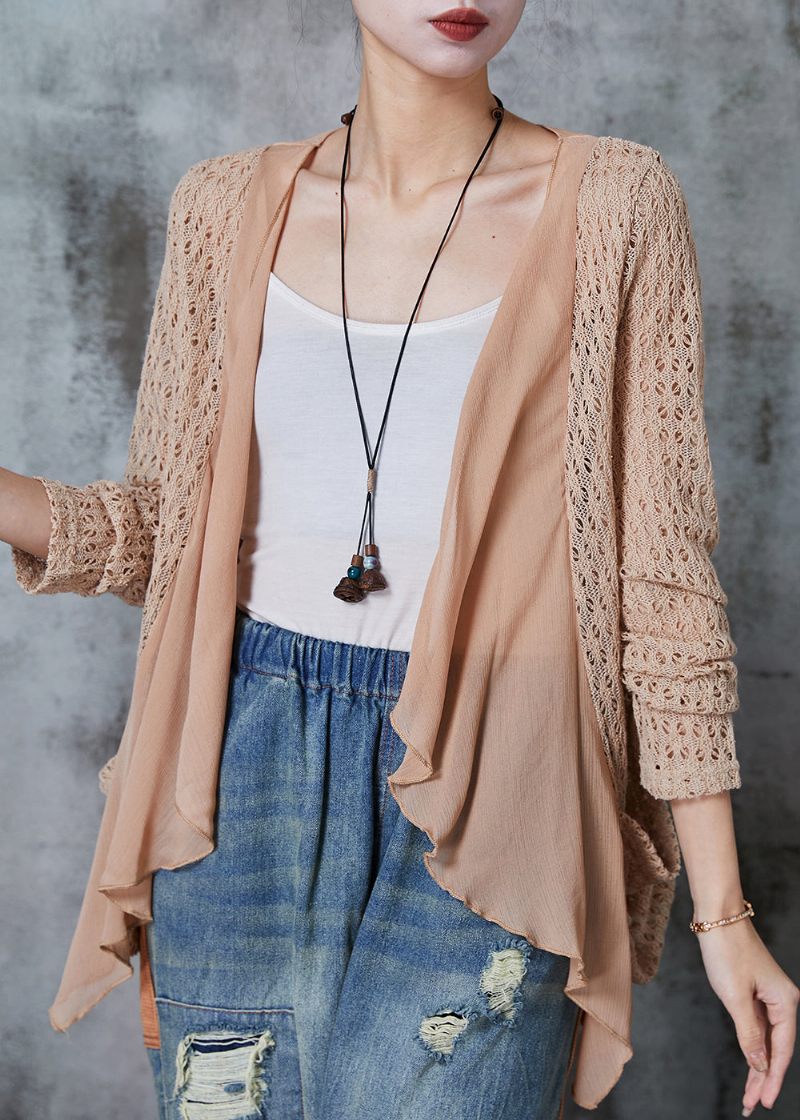 Chic Khaki Hollow Out Patchwork Strik Cardigan Sommer - Dame cardigans