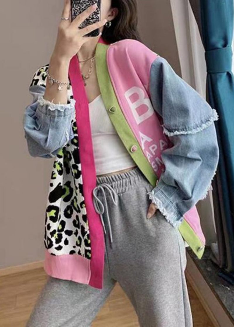 Chic Pink V-halsprint Denim Patchwork Strik Cardigan Spring - Dame cardigans