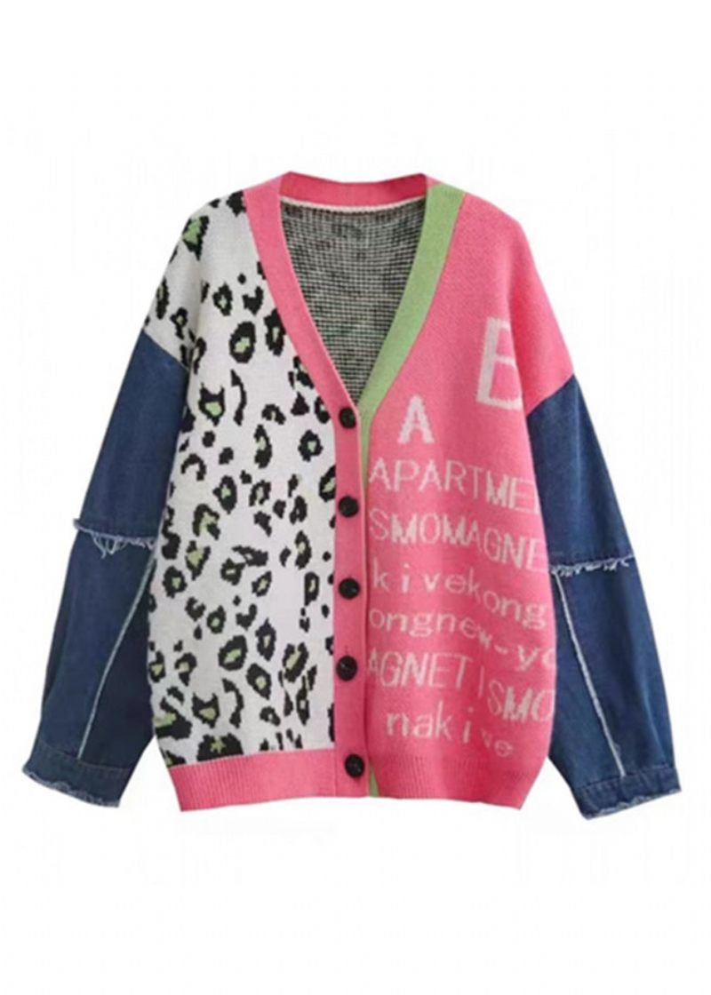 Chic Pink V-halsprint Denim Patchwork Strik Cardigan Spring - Dame cardigans