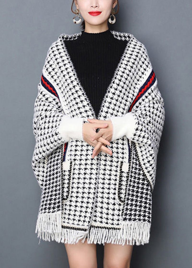 Chic Plaid Lommer Med Kvaster Patchwork Strikkede Blandede Cardigans Efterår - Dame cardigans