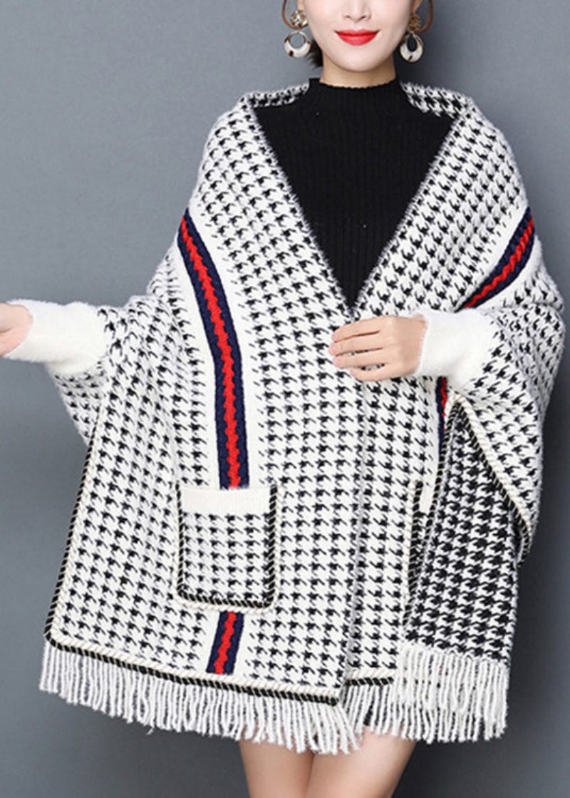 Chic Plaid Lommer Med Kvaster Patchwork Strikkede Blandede Cardigans Efterår - Dame cardigans