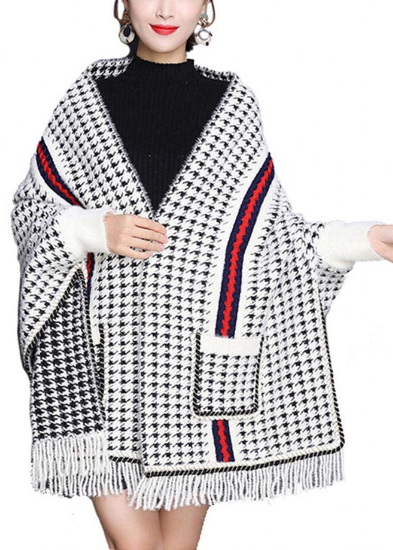 Chic Plaid Lommer Med Kvaster Patchwork Strikkede Blandede Cardigans Efterår - Dame cardigans