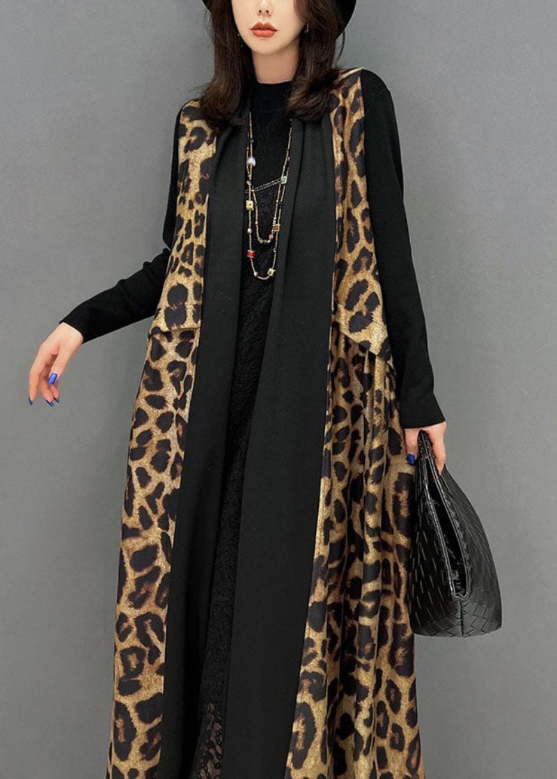 Chic Sort Leopardprint Patchwork Chiffon Lang Cardigan Uden Ærmer - Dame cardigans