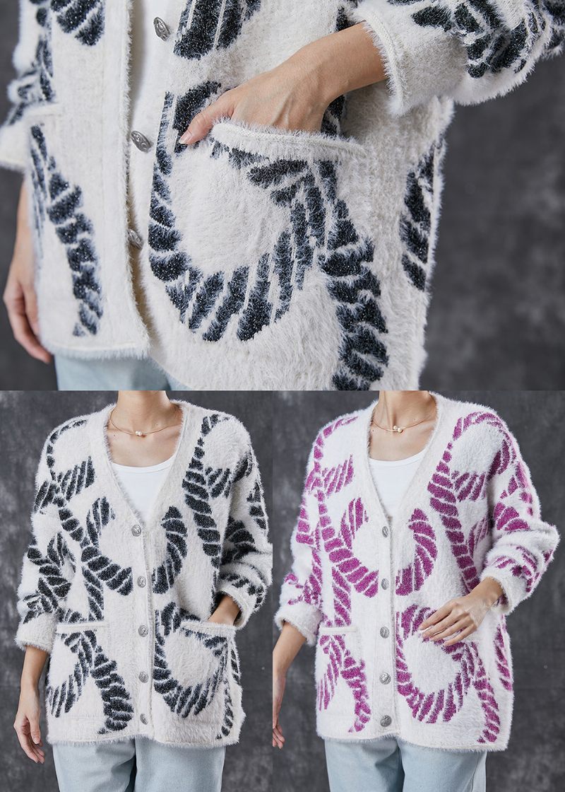 Chic Sort V-hals Print Strik Løs Frakke Fjeder - Dame cardigans