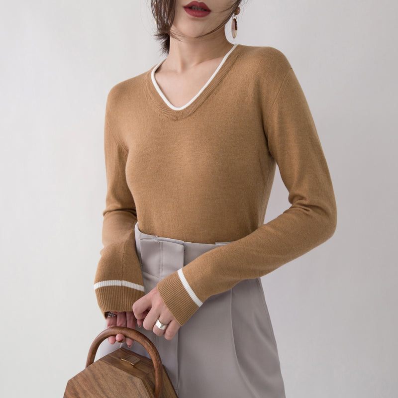 Chunky Brune Striktoppe Efterårsmode V-hals Strikkede Bluser Fine Side Åbne Sweaters