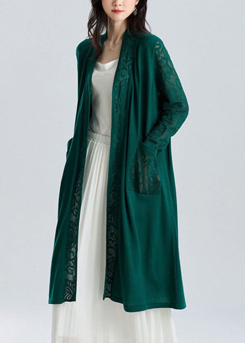 Classy Blackish Green V-hals Patchwork Hollow Out Long Ice Størrelse Strik Cardigan Sum